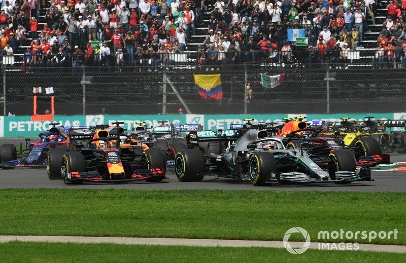 Lewis Hamilton, Mercedes AMG F1 W10, leads Max Verstappen, Red Bull Racing RB15