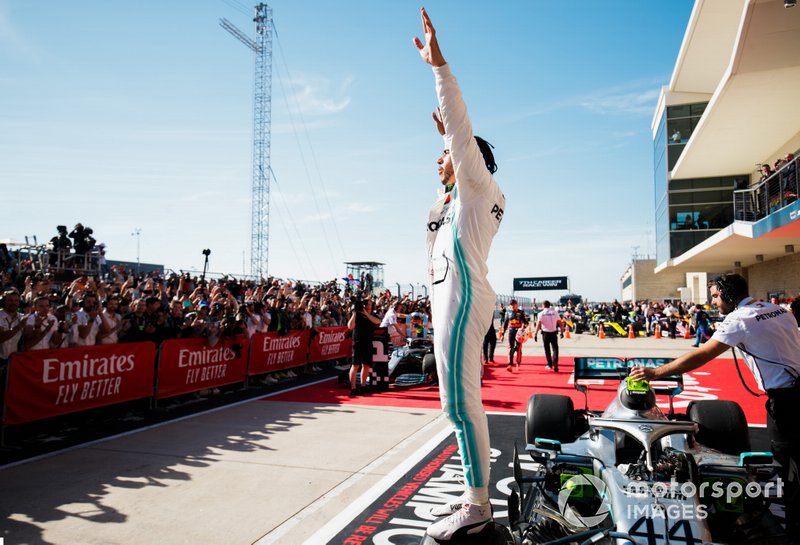 Lewis Hamilton, Mercedes AMG F1, 2nd position, celebrates in Parc Ferme after securing the world drivers championship title for a sixth time