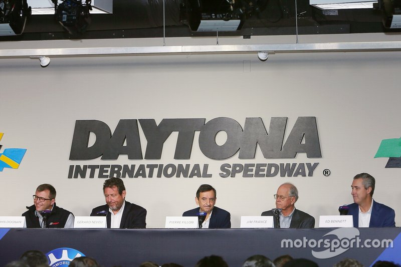 Pierre Fillon, ACO President, Jim France, IMSA Chairman, Gerard Neveu, FIA WEC CEO, John Doonan, IMSA President, and Ed Bennett, IMSA CEO