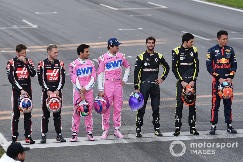 Romain Grosjean, Haas F1, Kevin Magnussen, Haas F1, Sergio Perez, Racing Point, Lance Stroll, Racing Point, Daniel Ricciardo, Renault F1, Esteban Ocon, Renault F1 and Alexander Albon, Red Bull Racing line up on the track