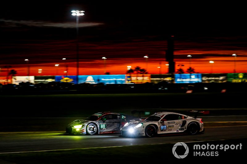 #88 WRT Speedstar Audi Sport Audi R8 LMS GT3, GTD: Mirko Bortolotti, Rolf Ineichen, Daniel Morad, Dries Vanthoor, #911 Porsche GT Team Porsche 911 RSR - 19, GTLM: Matt Campbell, Nick Tandy, Frederic Makowiecki#88 WRT Speedstar Audi Sport Audi R8 LMS GT3, GTD: Mirko Bortolotti, Rolf Ineichen, Daniel Morad, Dries Vanthoor, #911 Porsche GT Team Porsche 911 RSR - 19, GTLM: Matt Campbell, Nick Tandy, Frederic Makowiecki, sunrise