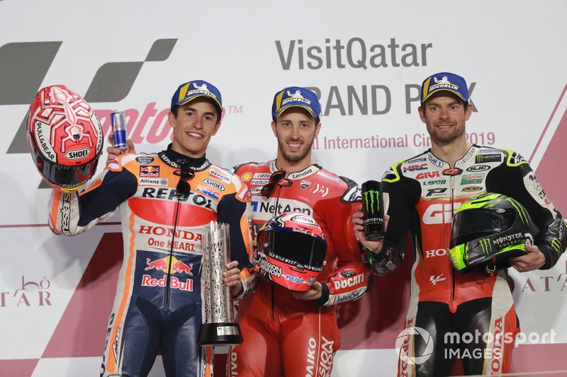 Podio: il secondo classificato Marc Marquez, Repsol Honda Team, il vincitore della gara Andrea Dovizioso, Ducati Team, il terzo classificato Cal Crutchlow, Team LCR Honda