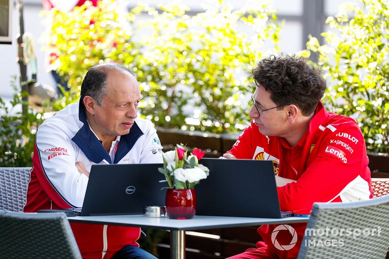 Mattia Binotto, Team Principal Ferrari, and Frederic Vasseur, Team Principal, Alfa Romeo Racing talk in the paddock