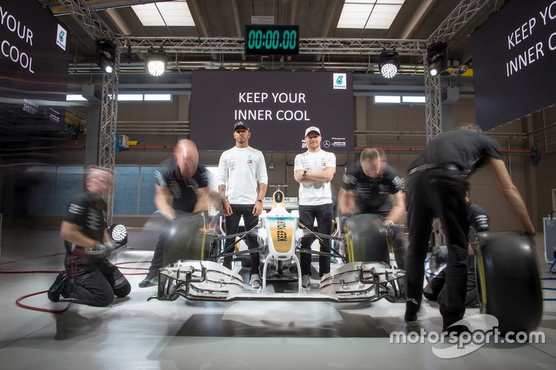 Lewis Hamilton and Valtteri Bottas, Mercedes-AMG Petronas Motorsport, attend  the launch Of Petronas Syntium Hybrid Performance Lubricants