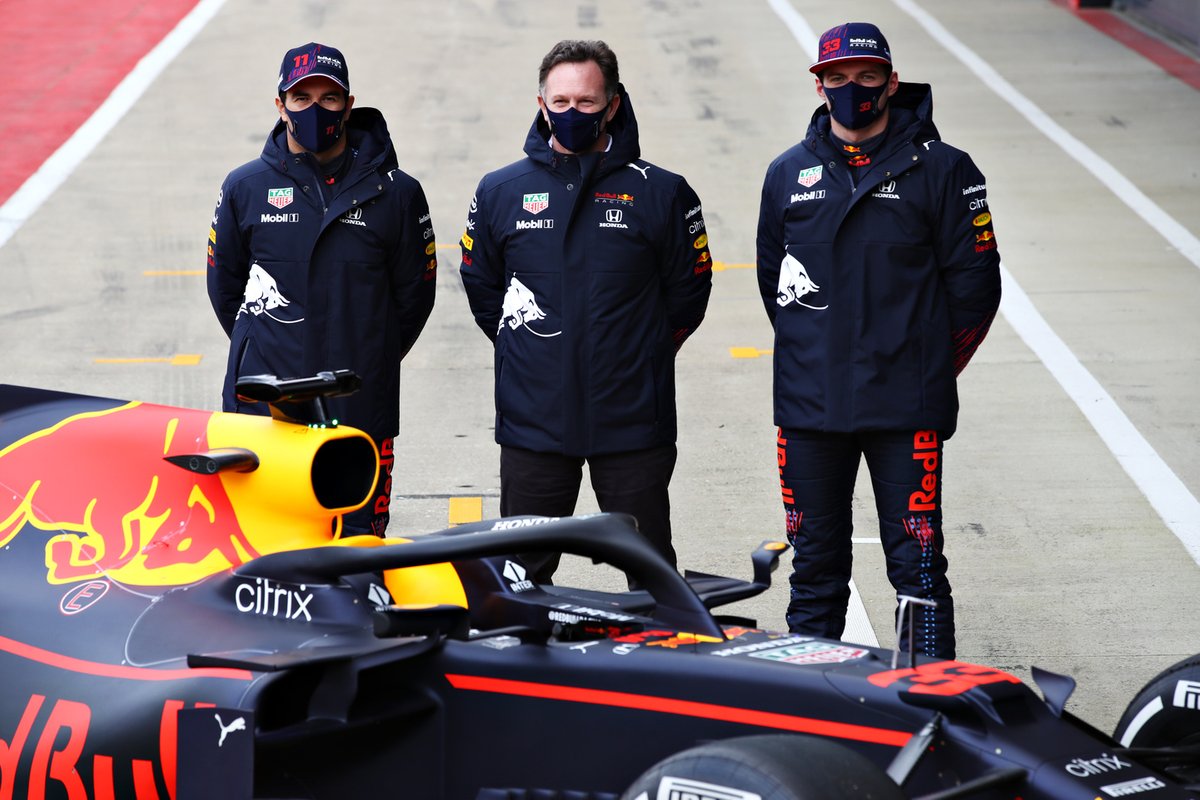 Sergio Perez, Red Bull Racing, Red Bull Racing Team Principal Christian Horner, Max Verstappen, Red Bull Racing