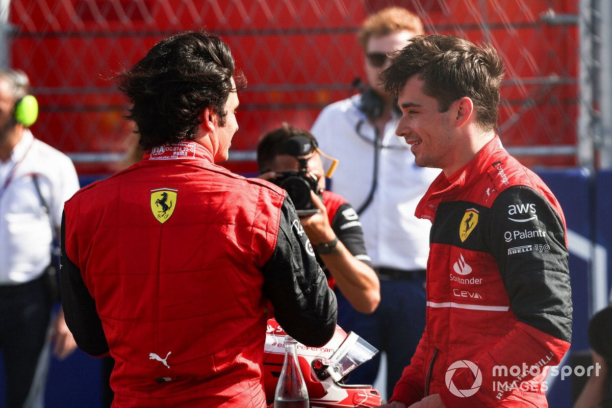 Carlos Sainz, Ferrari, pole man Charles Leclerc, Ferrari, parlano dopo le qualifiche