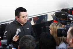 Eric Boullier, Racing Director, McLaren, is interviewed by the media