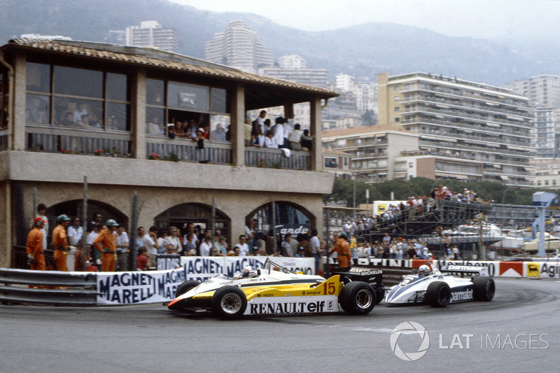 Alain Prost, Renault RE30B, leads Riccardo Patrese, Brabham BT49D-Ford