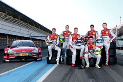 Gruppenfoto: Die DTM-Fahrer 2017 von Audi: Nico Müller, Jamie Green, Mattias Ekström, Loic Duval, Mike Rockenfeller, René Rast