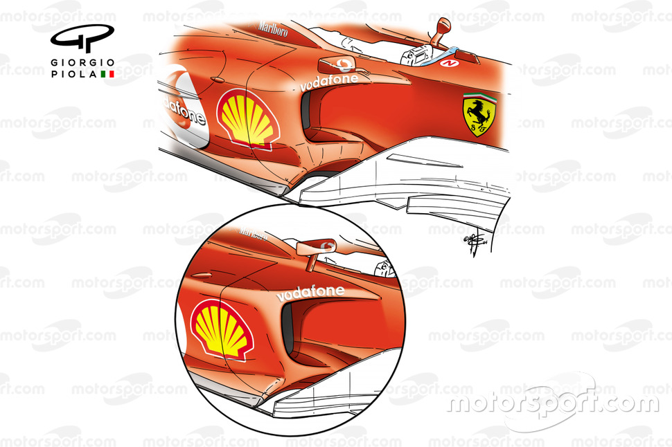 Ferrari F2004 sidepods (F2003 inset), note height difference by change in wing mirror)