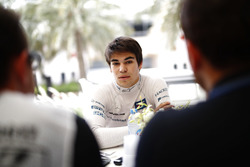 Lance Stroll, Williams, talks to the media