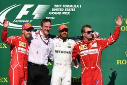 Race winner Lewis Hamilton, Mercedes AMG F1, second place Sebastian Vettel, Ferrari, third place Kimi Raikkonen, Ferrari