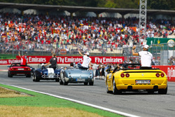 Marcus Ericsson, Sauber, behind Charles Leclerc, Sauber, Kevin Magnussen, Haas F1 Team, and Kimi Raikkonen, Ferrari, at drivers parade