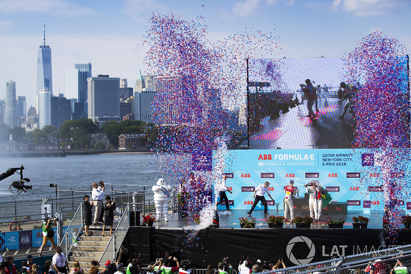 Daniel Abt, Audi Sport ABT Schaeffler, Lucas di Grassi, Audi Sport ABT Schaeffler, Sébastien Buemi, Renault e.Dams, celebrate on the podium