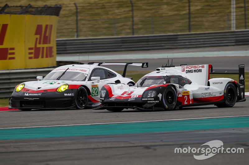 #2 Porsche Team Porsche 919 Hybrid: Timo Bernhard, Earl Bamber, Brendon Hartley, #92 Porsche GT Team Porsche 911 RSR: Michael Christensen, Kevin Estre