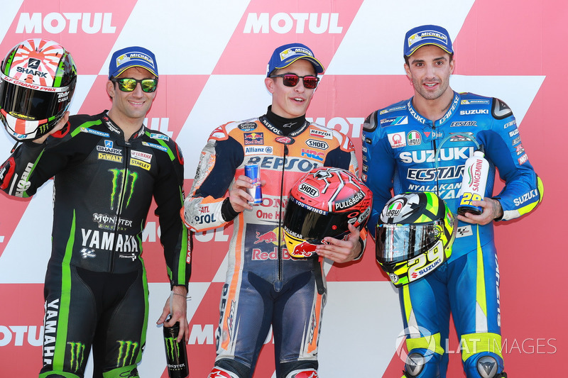 Top 3 after qualifying: Polesitter Marc Marquez, Repsol Honda Team, Johann Zarco, Monster Yamaha Tech 3, Andrea Iannone, Team Suzuki MotoGP