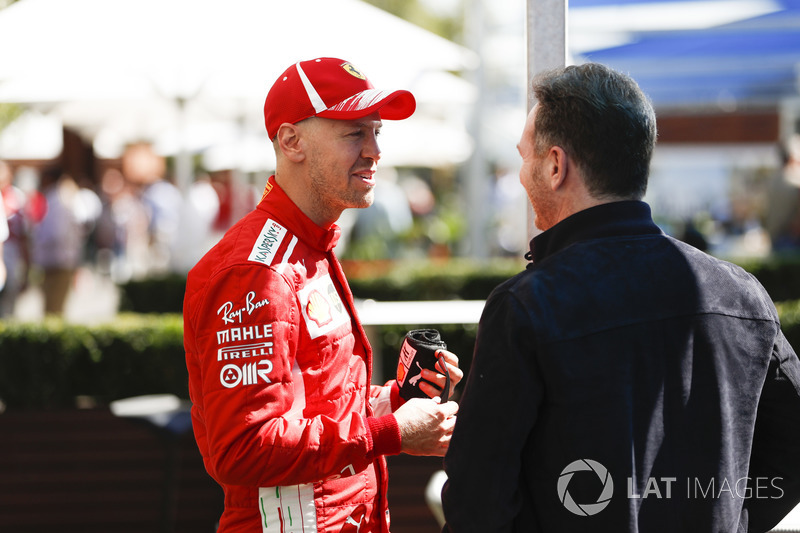 Sebastian Vettel, Ferrari, Christian Horner, Team Principal, Red Bull Racing