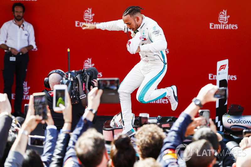 Lewis Hamilton, Mercedes AMG F1, 1st position, celebrates on arrival in Parc Ferme