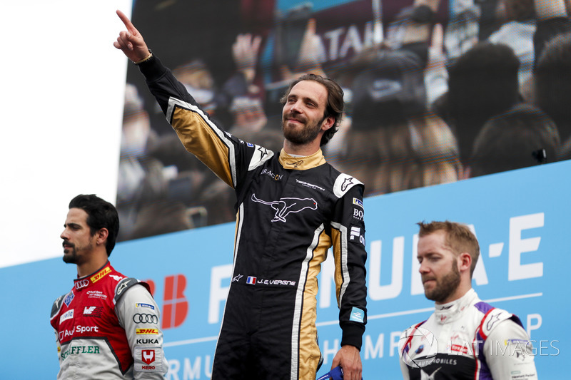 Sam Bird, DS Virgin Racing, 3° con Lucas di Grassi, Audi Sport ABT Schaeffler, 2°, Jean-Eric Vergne, Techeetah, vincitore dell'ePrix di Parigi