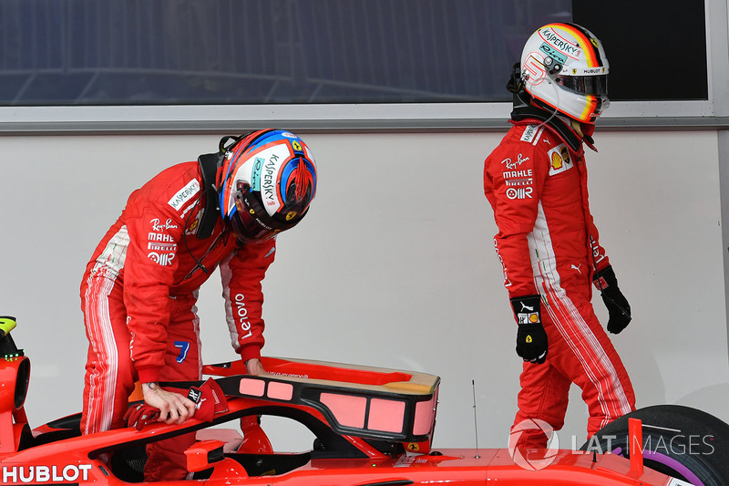 Kimi Raikkonen, Ferrari and Sebastian Vettel, Ferrari in parc ferme