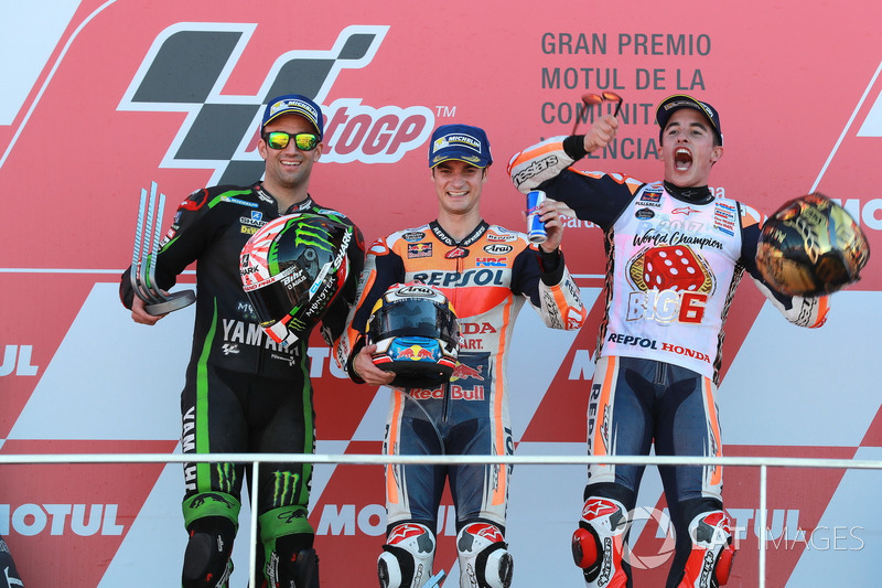 Podium: second place Johann Zarco, Monster Yamaha Tech 3, Race winner Dani Pedrosa, Repsol Honda Team, third place Marc Marquez, Repsol Honda Team