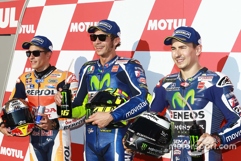 Polesitter Valentino Rossi, Yamaha Factory Racing, second place Marc Marquez, Repsol Honda Team, thi