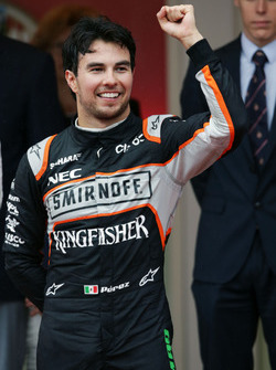 Sergio Perez, Sahara Force India F1 celebrates on the podium