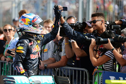 Daniel Ricciardo, Red Bull Racing celebrates his third position with the team in parc ferme