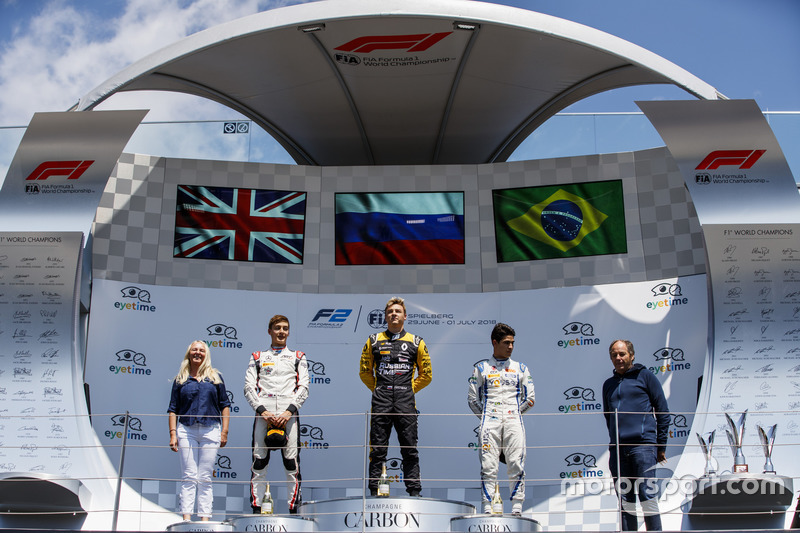 Podium: nummer twee George Russell, ART Grand Prix, winnaar Artem Markelov, RUSSIAN TIME, nummer drie Sergio Sette Camara, Carlin