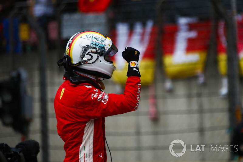 Sebastian Vettel, Ferrari, celebrates pole