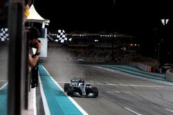 Valtteri Bottas, Mercedes-Benz F1 W08 crosses the line to take the chequered flag and win the race