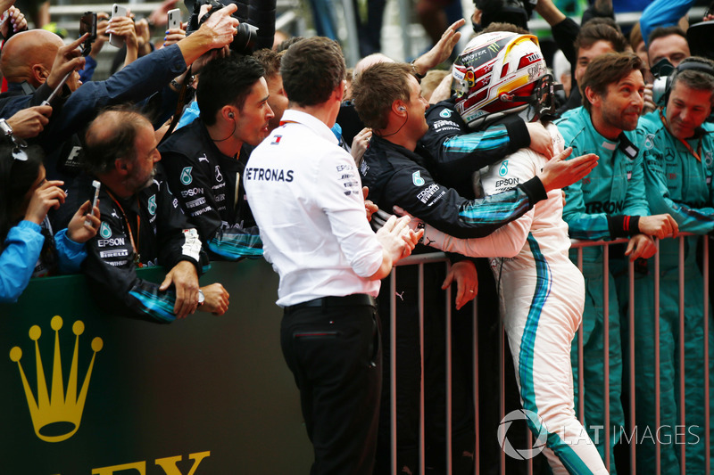 Lewis Hamilton, Mercedes AMG F1, celebrates after winning the race