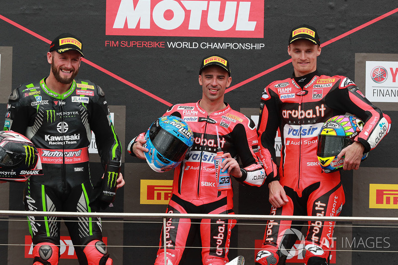 Podium: race winner Marco Melandri, Aruba.it Racing-Ducati SBK Team, second place Tom Sykes, Kawasaki Racing, third place Chaz Davies, Aruba.it Racing-Ducati SBK Team