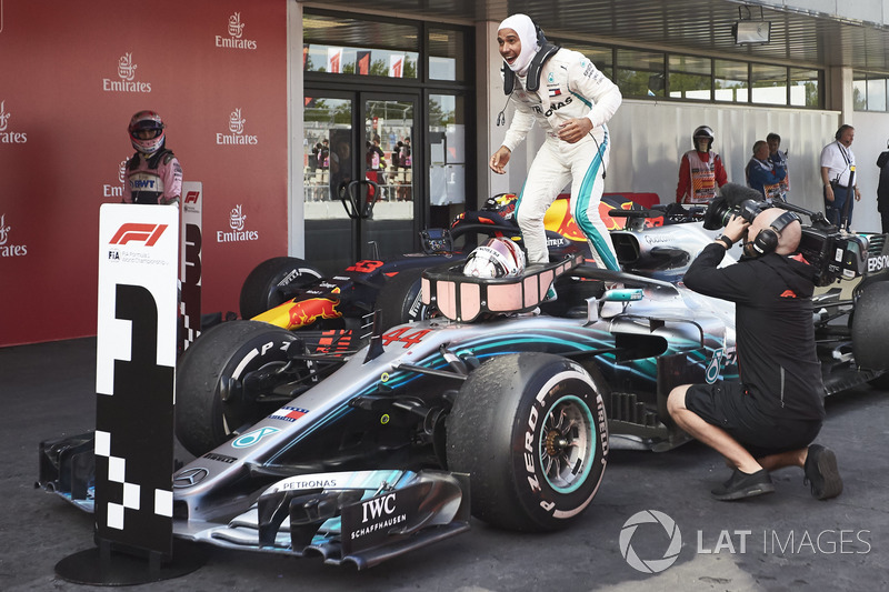 Lewis Hamilton, Mercedes AMG F1 W09, 1st position, celebrates on arrival in Parc Ferme