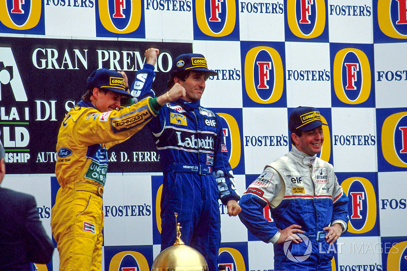 Podium : le vainqueur Alain Prost, le deuxième Michael Schumacher, le troisième Martin Brundle