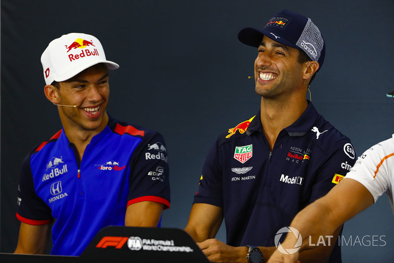 Pierre Gasly, Toro Rosso, and Daniel Ricciardo, Red Bull Racing, joke in the Thursday press conference