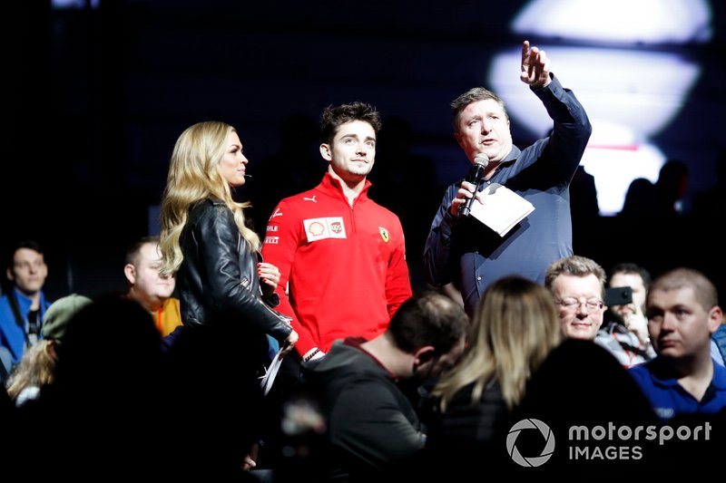 Emma Walsh e David Croft, Sky TV intervistano Charles Leclerc, Ferrari al Live Action Arena