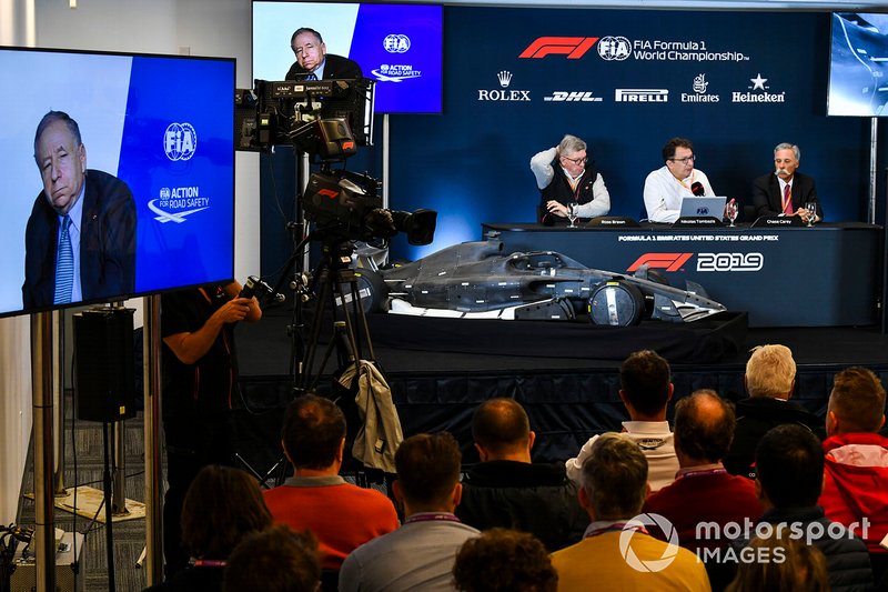 Jean Todt, Presidente FIA, Ross Brawn, Managing Director del Motorsport, FOM, Nikolas Tombazis e Chase Carey, Presidente, Formula 1, annunciano il regolamento tecnico 2021 della Formula 1, durante la conferenza stampa di presentazione