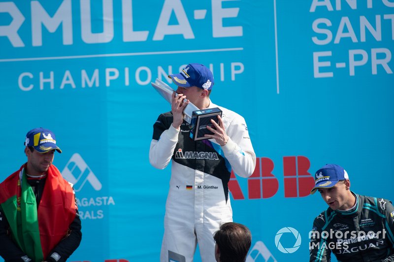 Race winner Maximilian Günther, BMW I Andretti Motorsports on the podium with Antonio Felix da Costa, DS Techeetah, 2nd position, Mitch Evans, Jaguar Racing, 3rd position