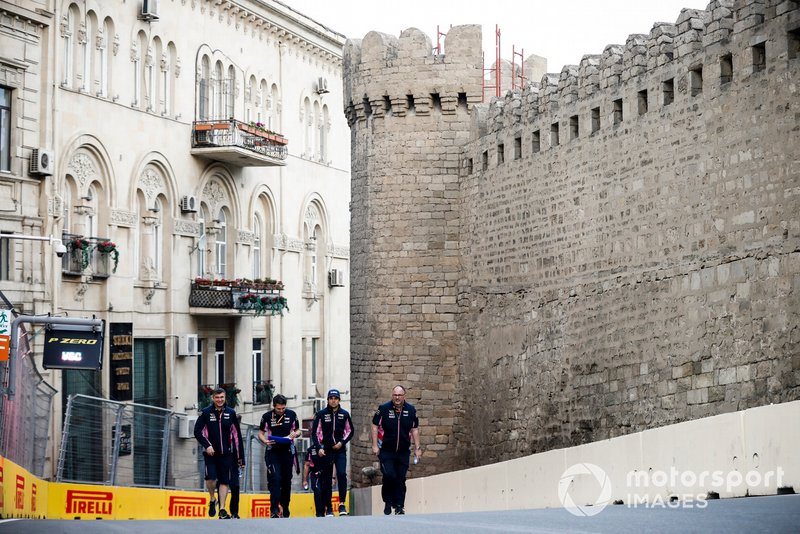 Lance Stroll, Racing Point walks the track with his engineers