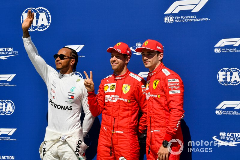 Top three Qualifiers Lewis Hamilton, Mercedes AMG F1, pole man Sebastian Vettel, Ferrari, and Charles Leclerc, Ferrari