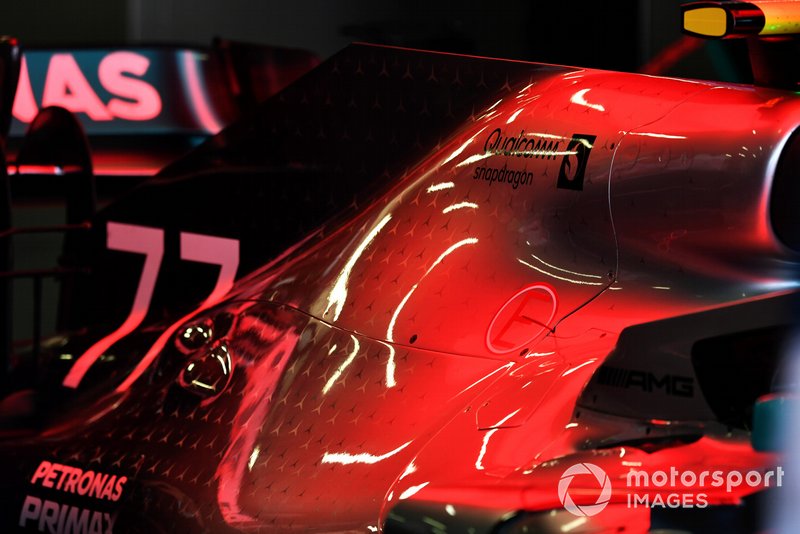 The car of Valtteri Bottas, Mercedes AMG W10, in the garage