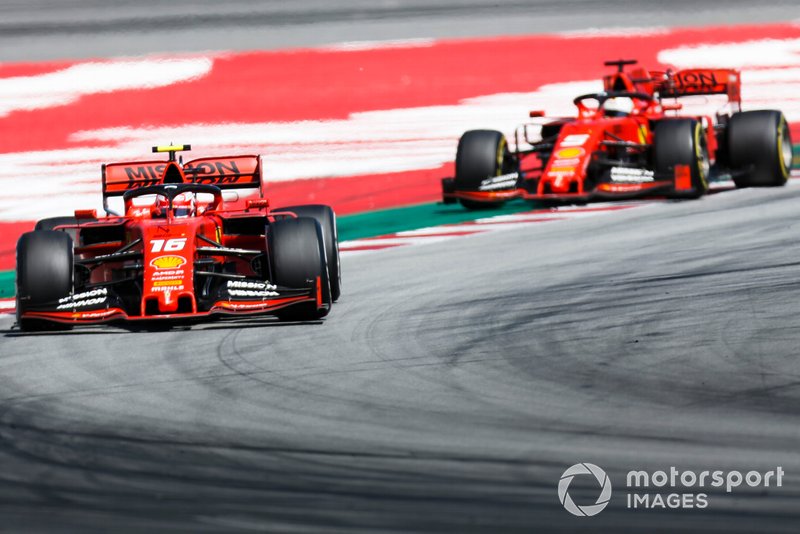 Charles Leclerc, Ferrari SF90, leads Sebastian Vettel, Ferrari SF90