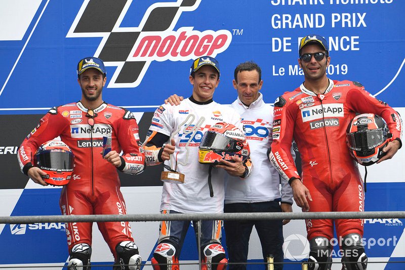 Podio: il vincitore della gara Marc Marquez, Repsol Honda Team, il secondo classificato Andrea Dovizioso, Ducati Team, il terzo classificato Danilo Petrucci, Ducati Team, Alberto Puig, Repsol Honda Team Team Principal