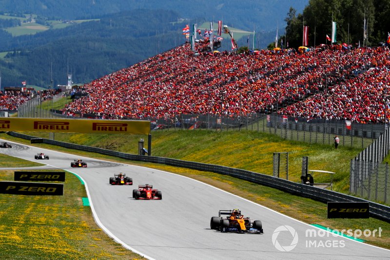 Lando Norris, McLaren MCL34, Sebastian Vettel, Ferrari SF90, Max Verstappen, Red Bull Racing RB15, Pierre Gasly, Red Bull Racing RB15