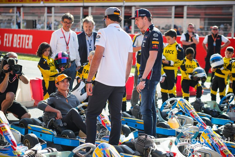 Lando Norris, McLaren, Carlos Sainz Jr., McLaren and Max Verstappen, Red Bull Racing at the RACC Kids karting event