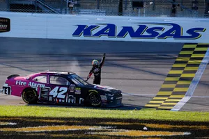 John Hunter Nemechek, Chip Ganassi Racing, Chevrolet Camaro Chevrolet Fire Alarm Services, Inc. celebrates his win