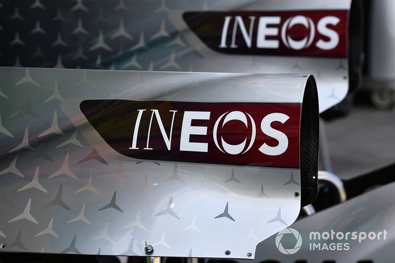 The INEOS logo on the bodywork of the Mercedes F1 W11