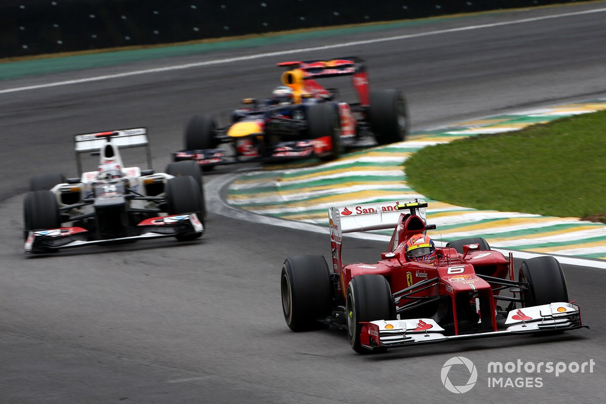 Felipe Massa, Ferrari F2012, leads Kamui Kobayashi, Sauber C31 Ferrari, and Sebastian Vettel, Red Bull RB8 Renault