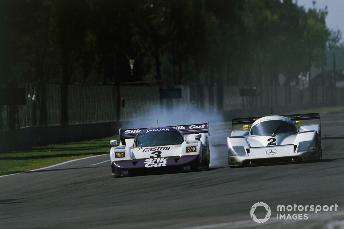 Martin Brundle, Jan Lammers, Jaguar XJR-11, leads Jochen Mass, Michael Schumacher, Mercedes-Benz C11